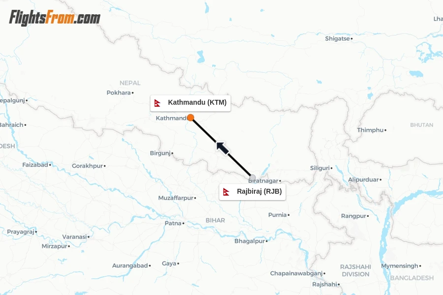 Flights from Rajbiraj to Kathmandu route map
