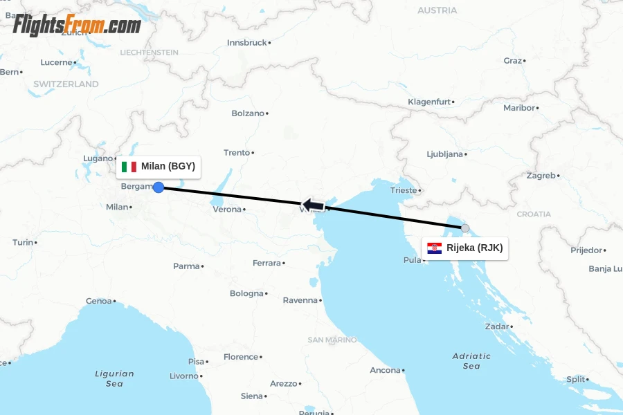 Flights from Rijeka to Milan route map