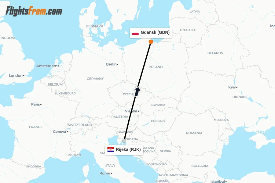 Flights from Rijeka to Gdansk route map