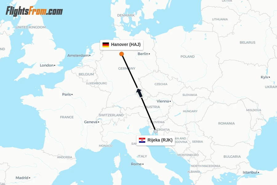 Flights from Rijeka to Hanover route map