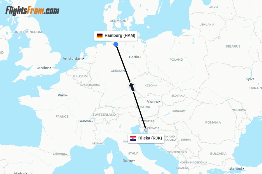 Flights from Rijeka to Hamburg route map