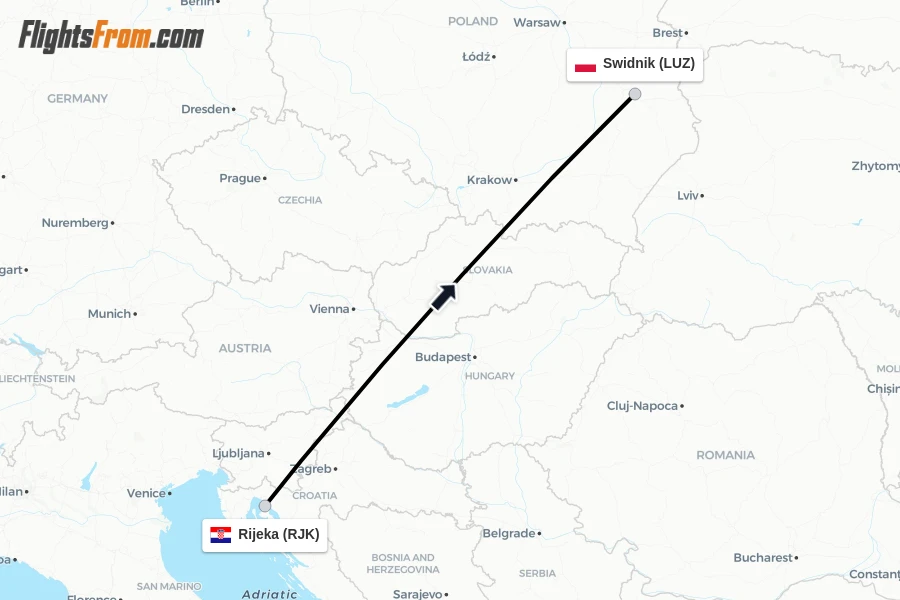 Flights from Rijeka to Swidnik route map