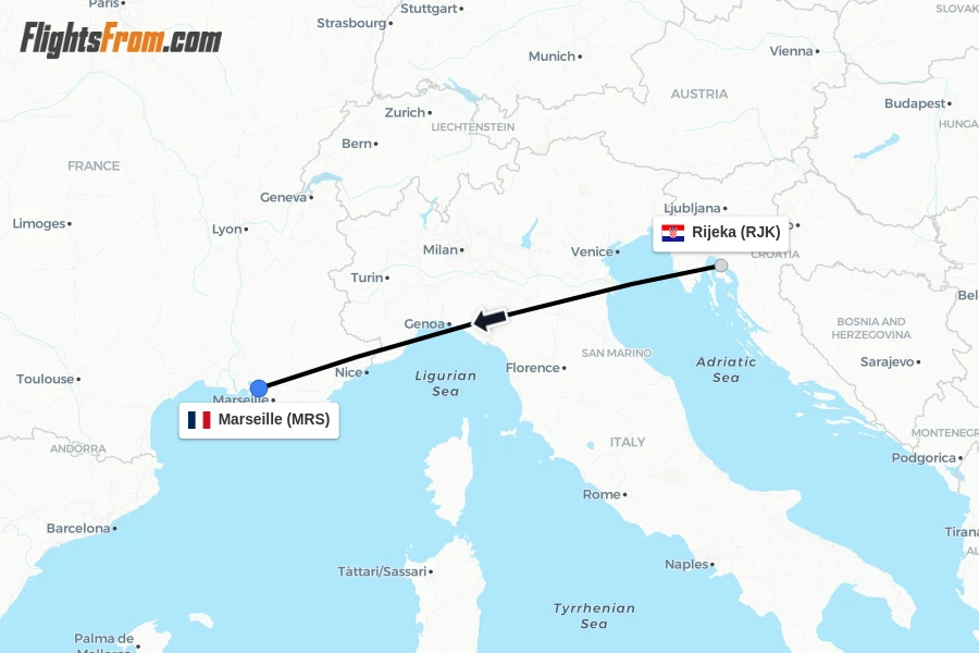 Flights from Rijeka to Marseille route map