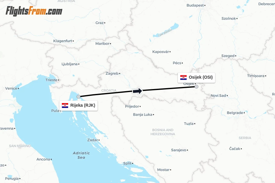 Flights from Rijeka to Osijek route map