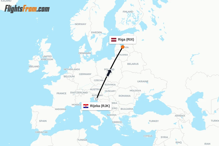 Flights from Rijeka to Riga route map