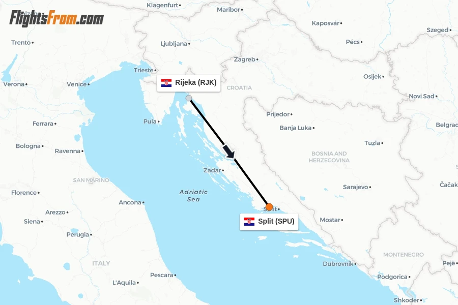 Flights from Rijeka to Split route map