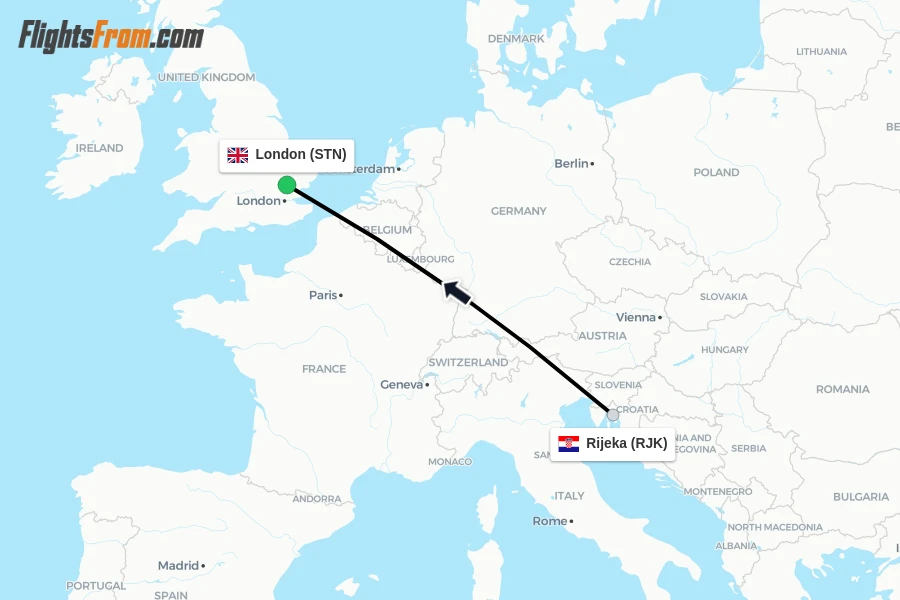 Flights from Rijeka to London route map