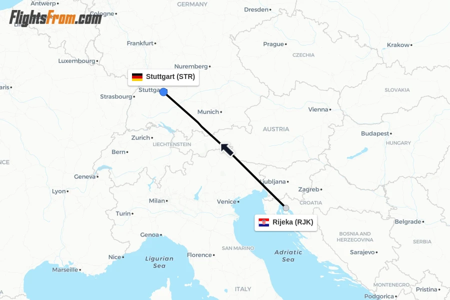Flights from Rijeka to Stuttgart route map