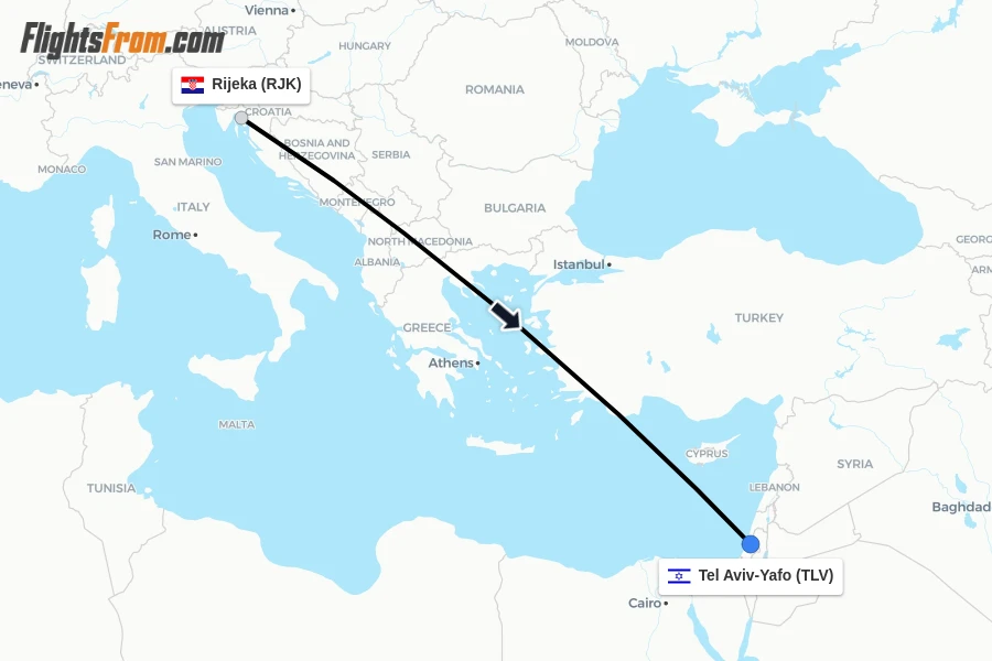 Flights from Rijeka to Tel Aviv-Yafo route map