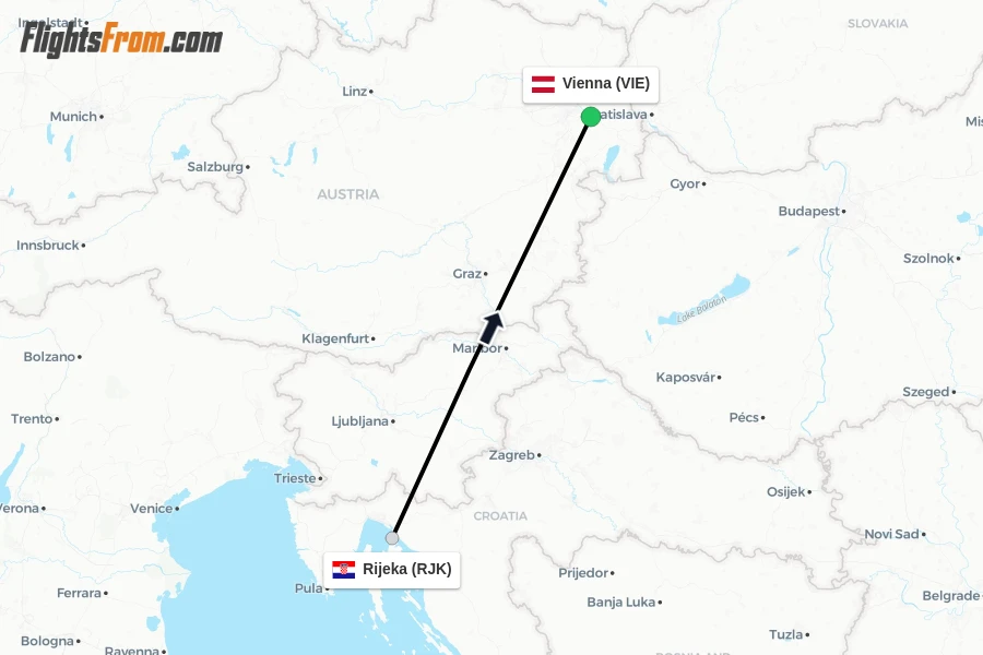 Flights from Rijeka to Vienna route map