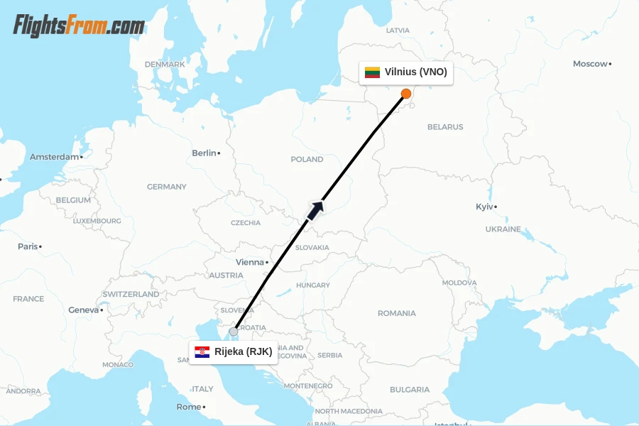 Flights from Rijeka to Vilnius route map