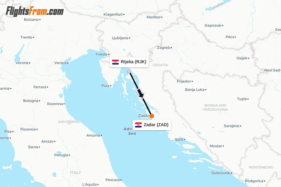 Flights from Rijeka to Zadar route map