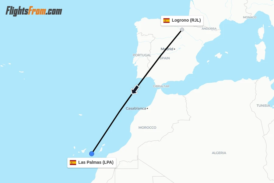 Flights from Logrono to Las Palmas route map
