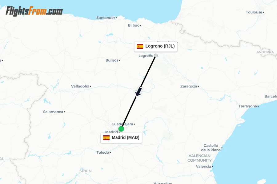 Flights from Logrono to Madrid route map