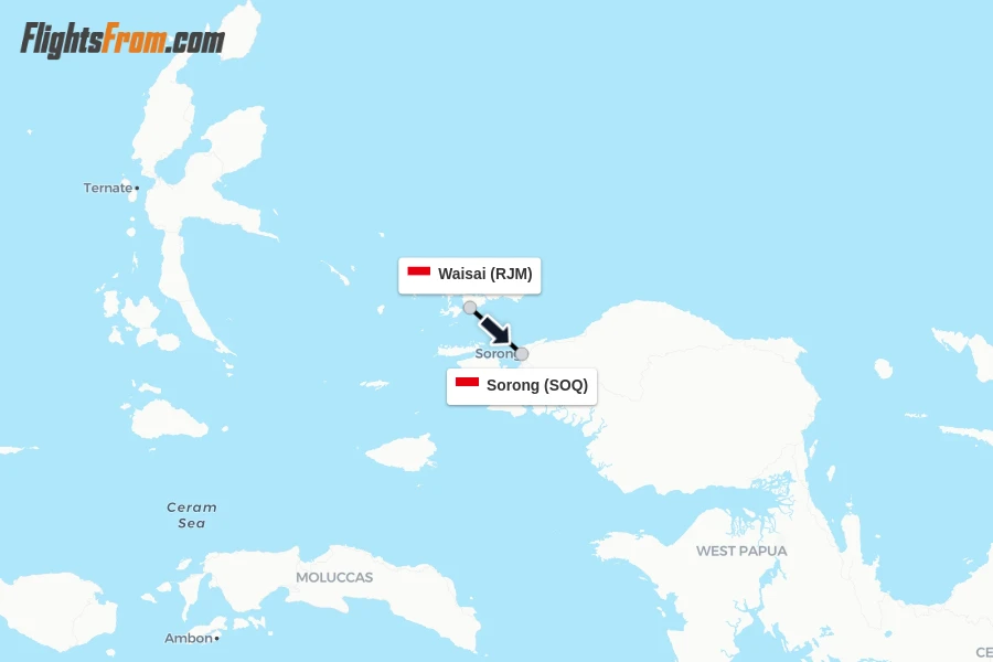 Flights from Waisai to Sorong route map