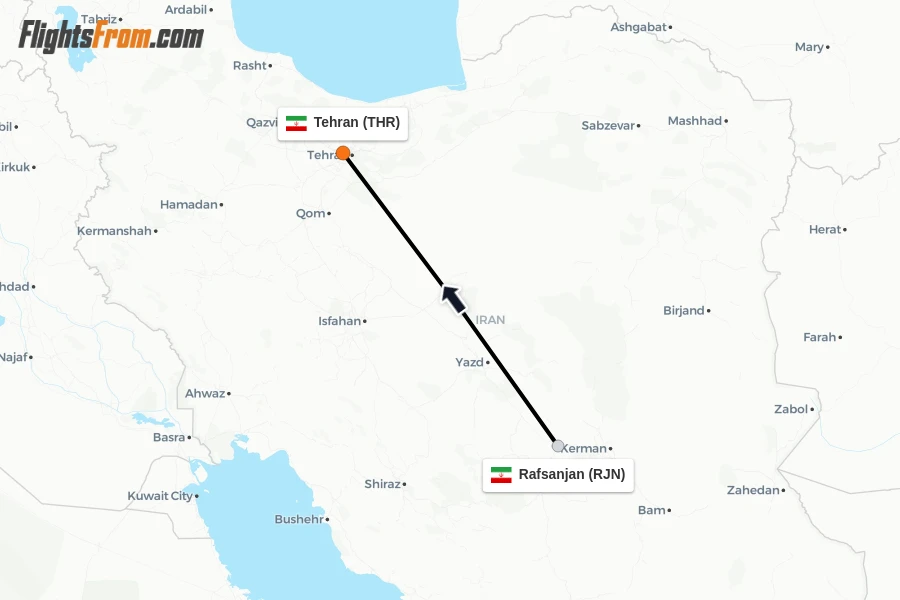 Flights from Rafsanjan to Tehran route map