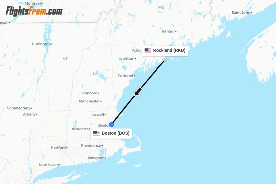 Flights from Rockland to Boston route map