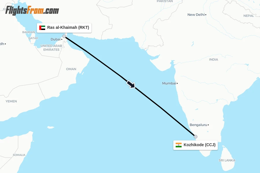 Flights from Ras al-Khaimah to Kozhikode route map