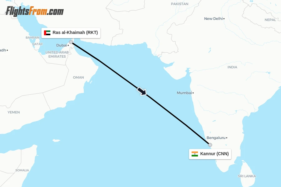Flights from Ras al-Khaimah to Kannur route map