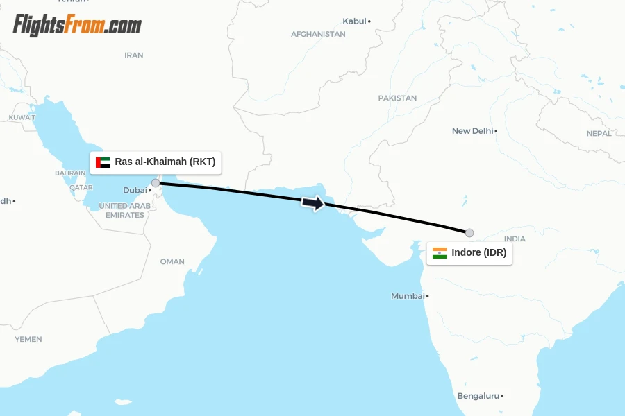 Flights from Ras al-Khaimah to Indore route map
