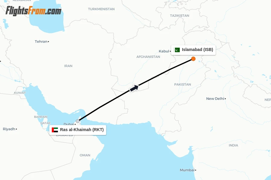 Flights from Ras al-Khaimah to Islamabad route map
