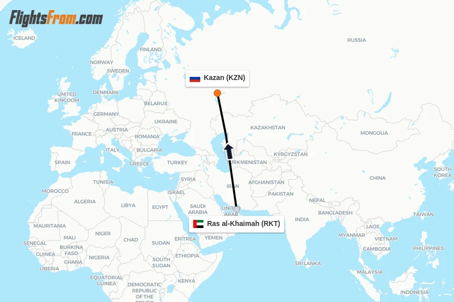 Flights from Ras al-Khaimah to Kazan route map
