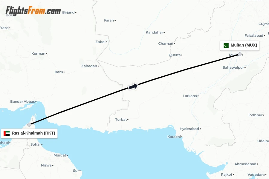 Flights from Ras al-Khaimah to Multan route map