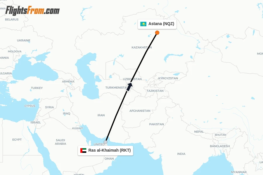 Flights from Ras al-Khaimah to Astana route map