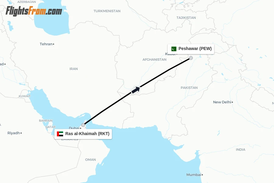 Flights from Ras al-Khaimah to Peshawar route map