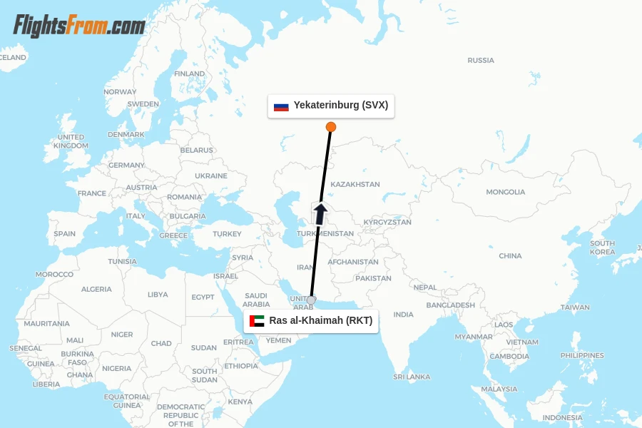 Flights from Ras al-Khaimah to Yekaterinburg route map