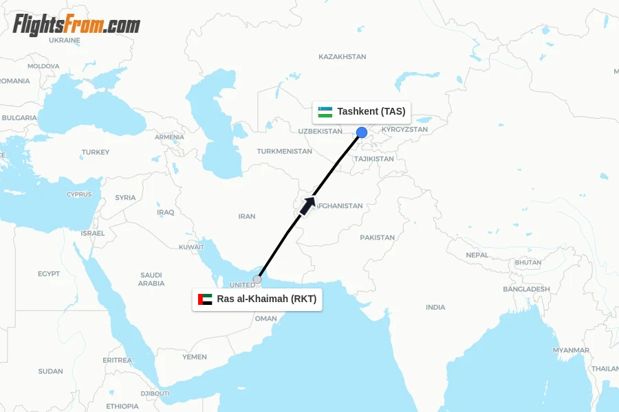 Flights from Ras al-Khaimah to Tashkent route map