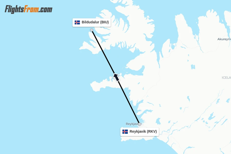 Flights from Reykjavik to Bildudalur route map