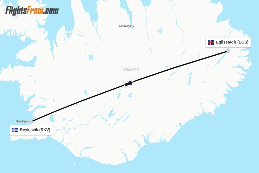 Flights from Reykjavik to Egilsstadir route map