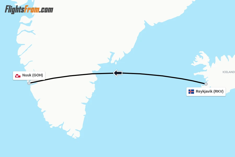 Flights from Reykjavik to Nuuk route map