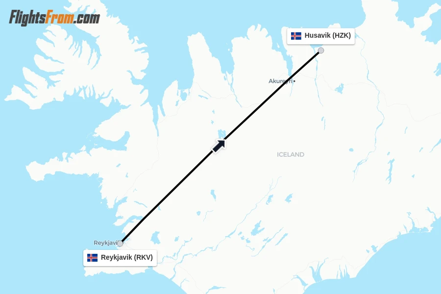 Flights from Reykjavik to Husavik route map