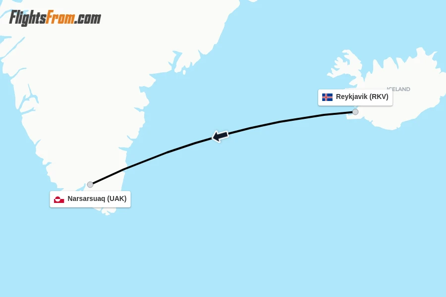 Flights from Reykjavik to Narsarsuaq route map