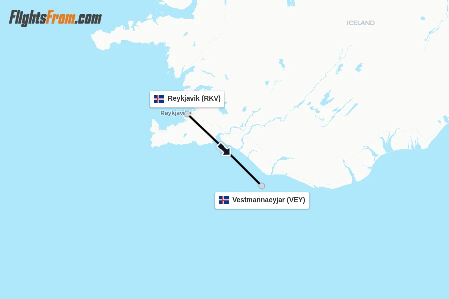 Flights from Reykjavik to Vestmannaeyjar route map
