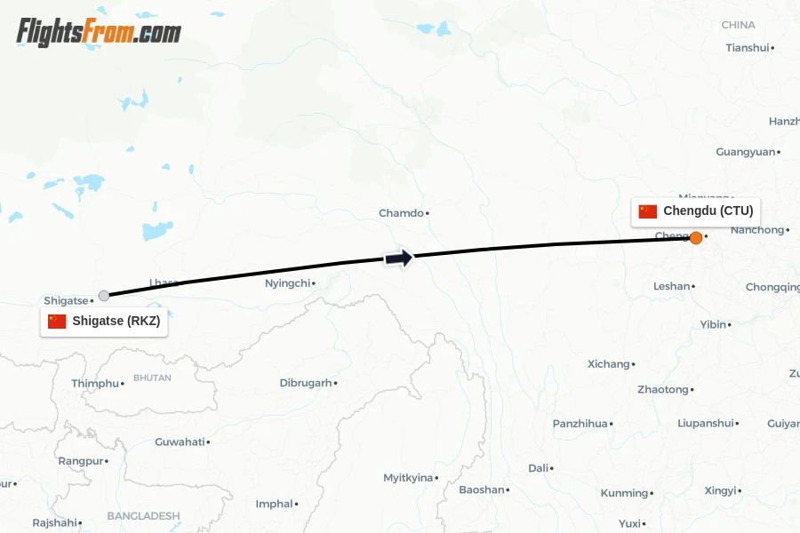 Flights from Shigatse to Chengdu route map