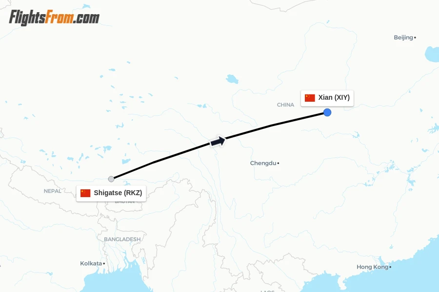 Flights from Shigatse to Xian route map