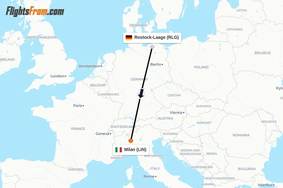 Flights from Rostock-Laage to Milan route map