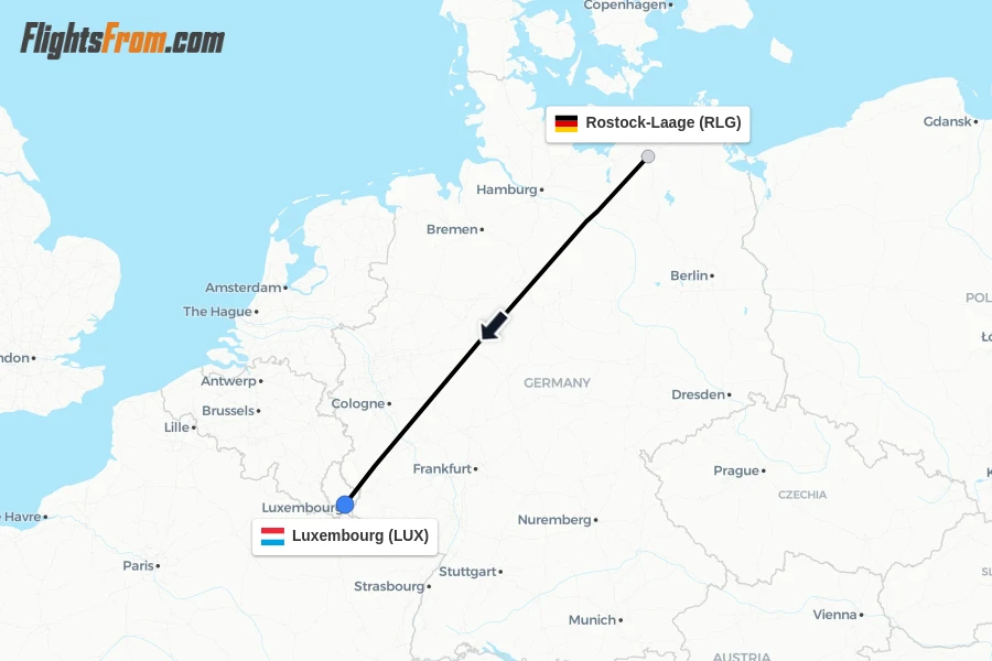 Flights from Rostock-Laage to Luxembourg route map