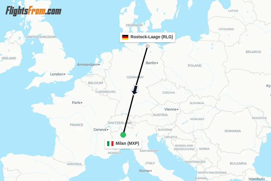 Flights from Rostock-Laage to Milan route map