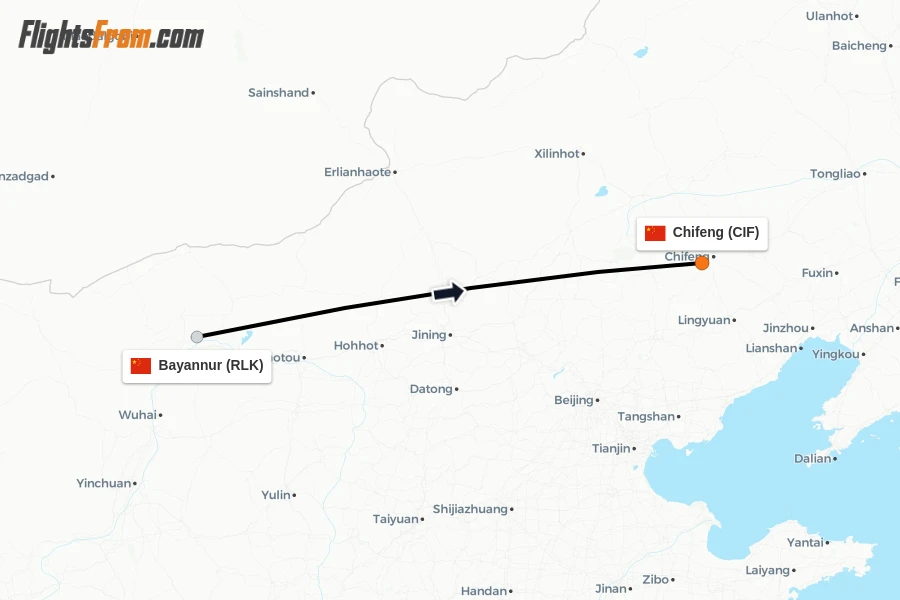 Flights from Bayannur to Chifeng route map