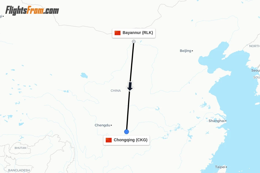 Flights from Bayannur to Chongqing route map