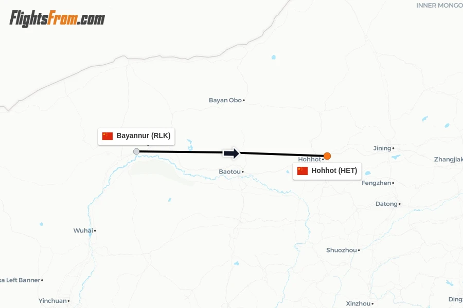 Flights from Bayannur to Hohhot route map