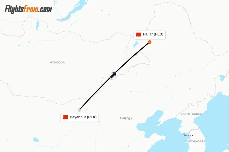 Flights from Bayannur to Hailar route map