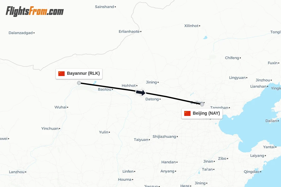 Flights from Bayannur to Beijing route map