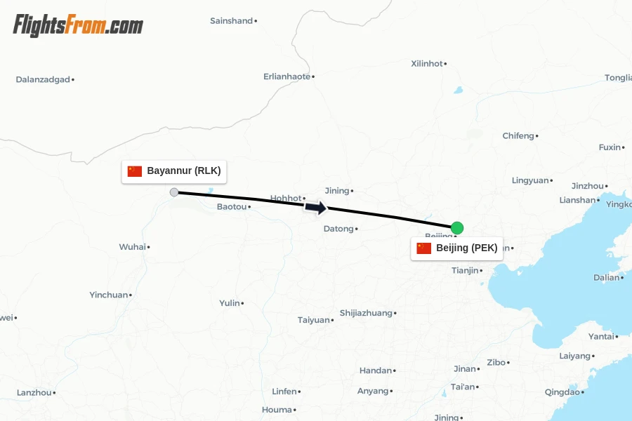 Flights from Bayannur to Beijing route map