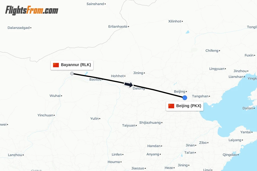 Flights from Bayannur to Beijing route map