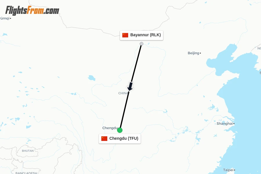 Flights from Bayannur to Chengdu route map
